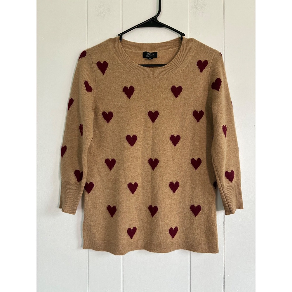 J.Crew Womens 100% Cashmere Heart Intarsia Crewneck Sweater Tan Burgundy XS
